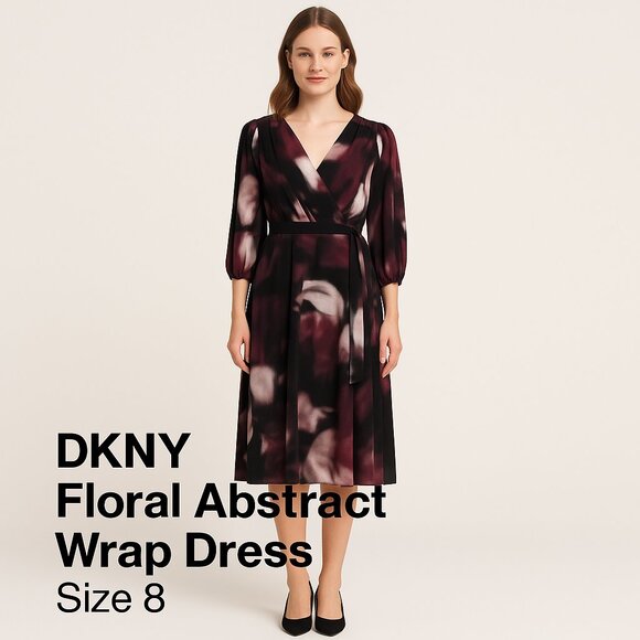 DKNY Floral Abstract Wrap Dress – Size 8 - Picture 2 of 6